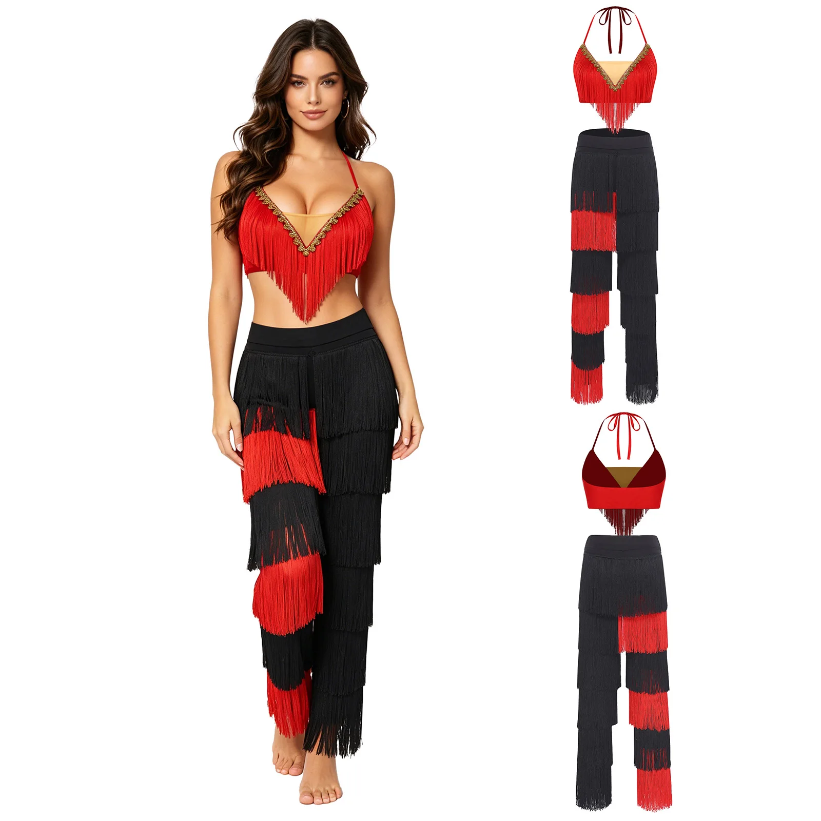 womens-latin-belly-dance-sets-tassel-outfit-lace-up-halter-gold-trim-crop-top-with-elastic-waistband-contrast-color-pants-suits