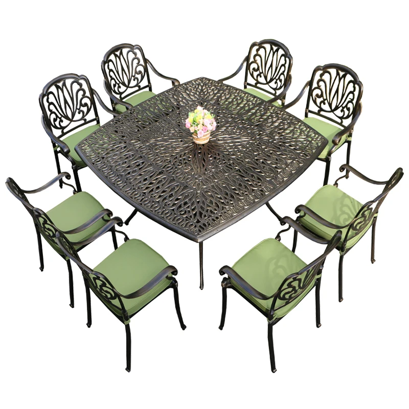 set 9-piece square big table cast aluminum dining set patio furniture garden Outdoor table set armrest chair all weather antrust