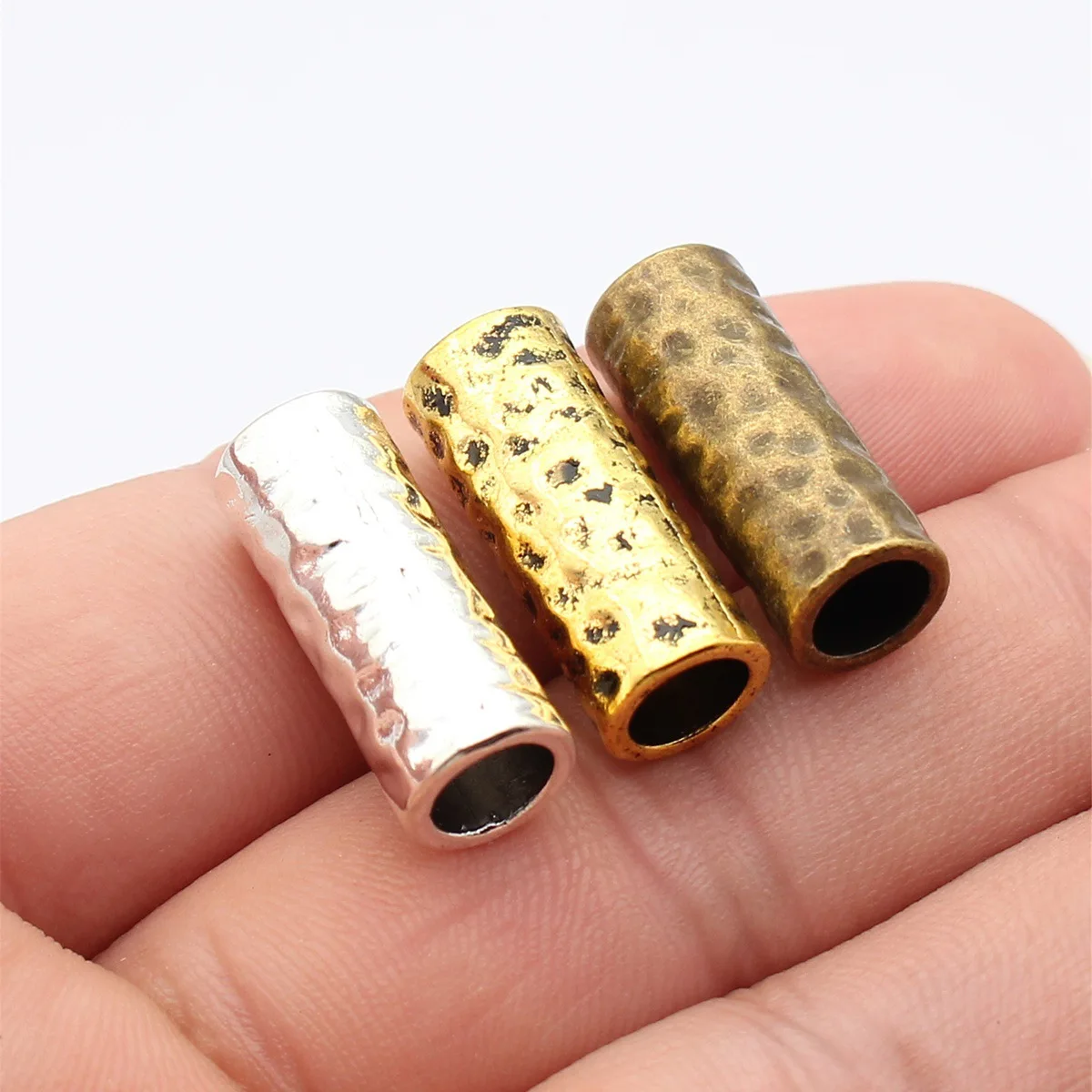 WYSIWYG 5pcs 24x9.6x9.6mm 3 Colors Hammered Tubular Beads, Spacer Beads, Braided Beads
