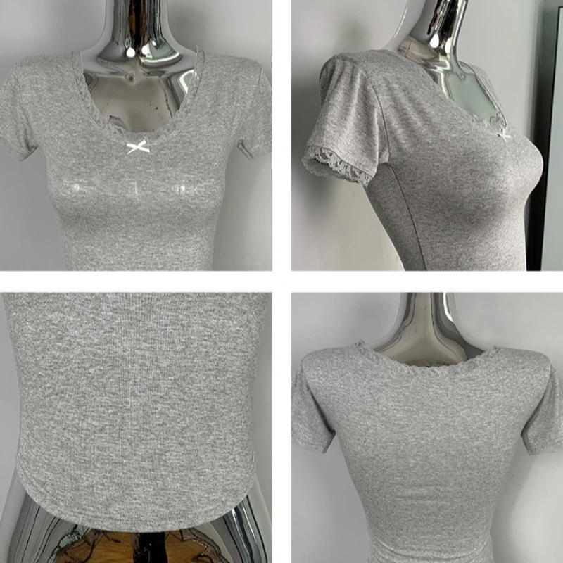 韓国東大門レディースレーススプライススリムTシャツ夏セクシー半袖クロップトップトレンディホットガール万能レディースTシャツ