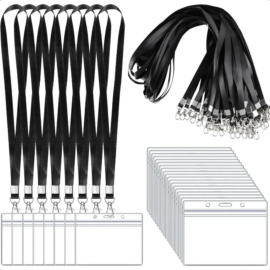 

50-упаковка ремешков с именем и держателем удостоверения личности. Прозрачные пластиковые горизонтальные держатели для именных меток и черные ремешки для бейджей с держателем удостоверения личности для