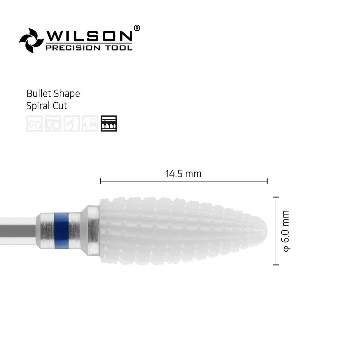 WilsonDental Burs в форме пули-спиральная резка-белая керамика- (6402401-6402601) -циркониевые керамические стоматологические боры