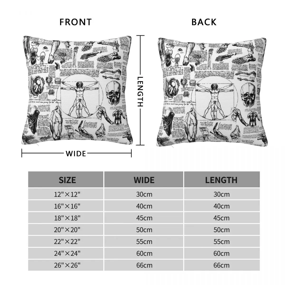 Da Vinci Anatomy Sketches Pillowcase Polyester Linen Velvet Printed Zip Decor Pillow Case Sofa Cushion Cover