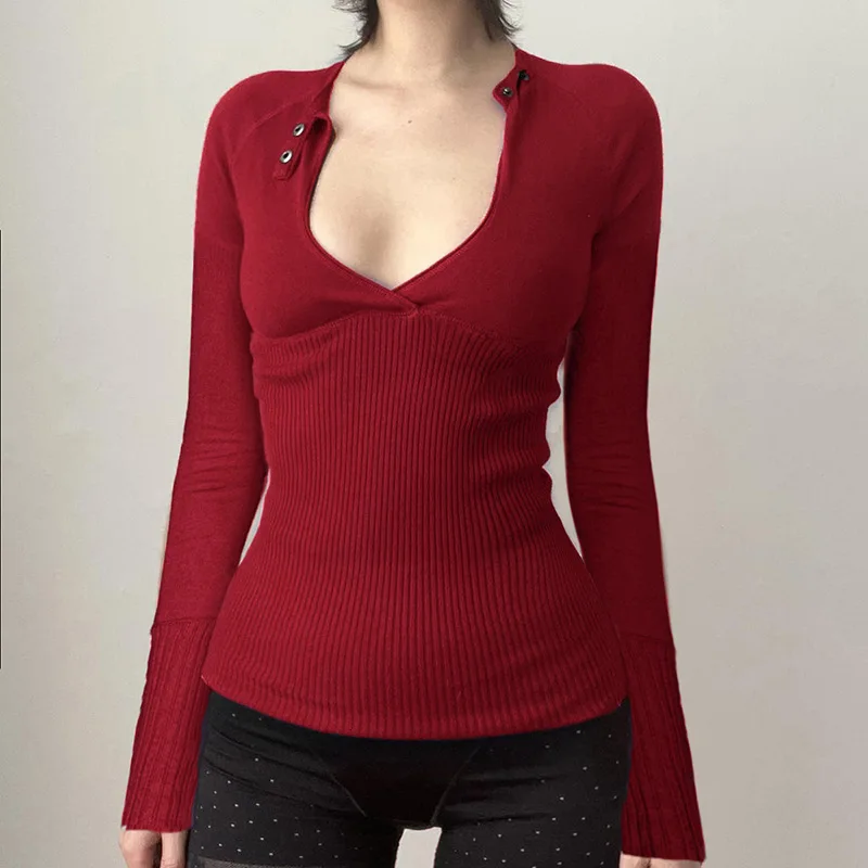 المرأة العميق الخامس الجوف خارج كم طويل سترة علوية بلون بلوفر مغزول Y2K موضة أنيقة الأساسية لخريف شتاء