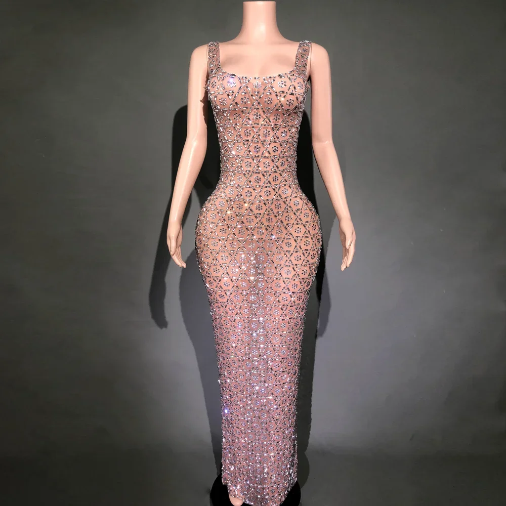 Sparkly Rhinestones Sexy Mesh See Through Sleeveless Evening Prom Celebrate Birthday Dress Photo Shoot Show Stage Wear