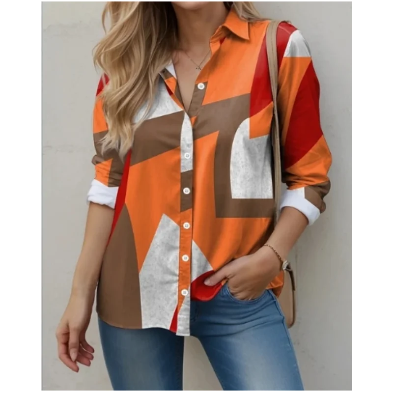 2024 new colorful printed digital elegant commuting cardigan shirt women's shirt top loose casual comfortable street style women