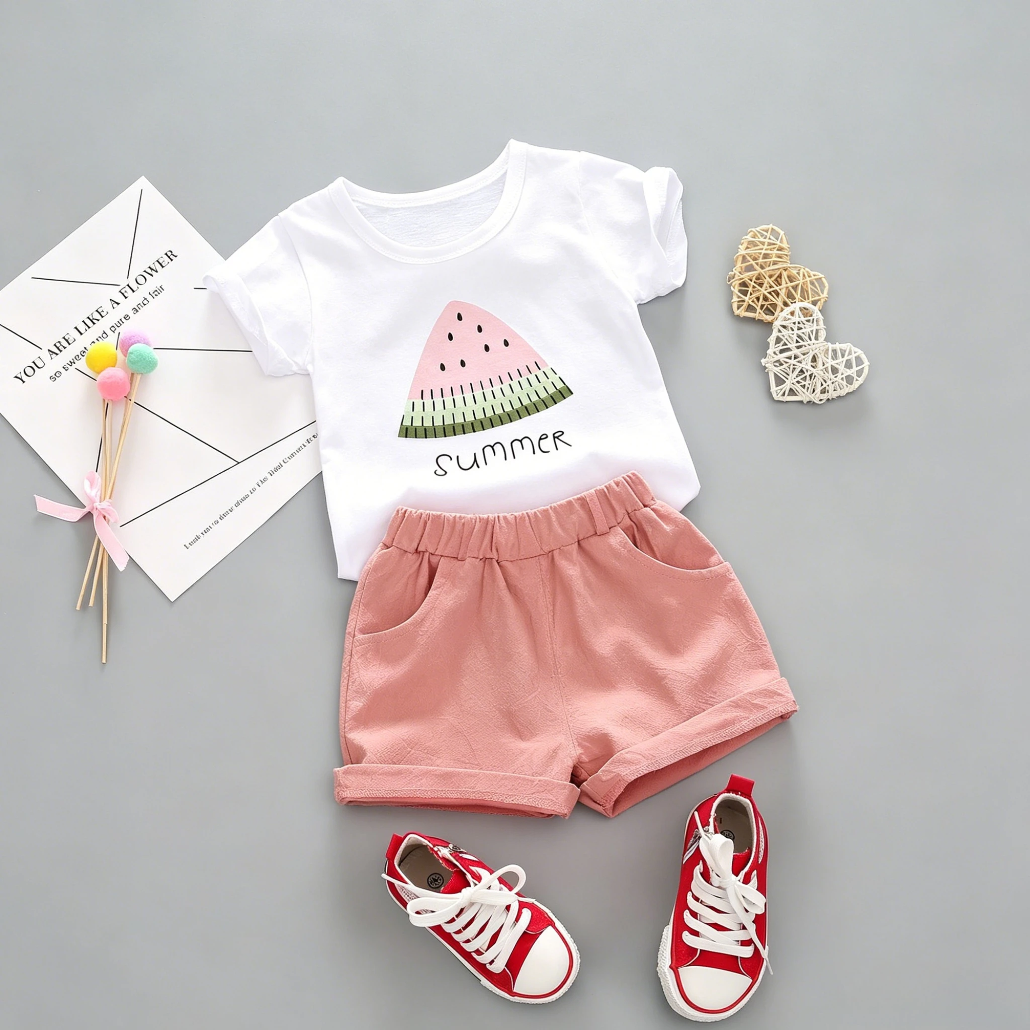 Baby Girl Summer 2PCS Clothing Set Sweet Watermelon Print Cotton Top Elastic Waist Pocket Shorts Toddler Daily Wear Outfit