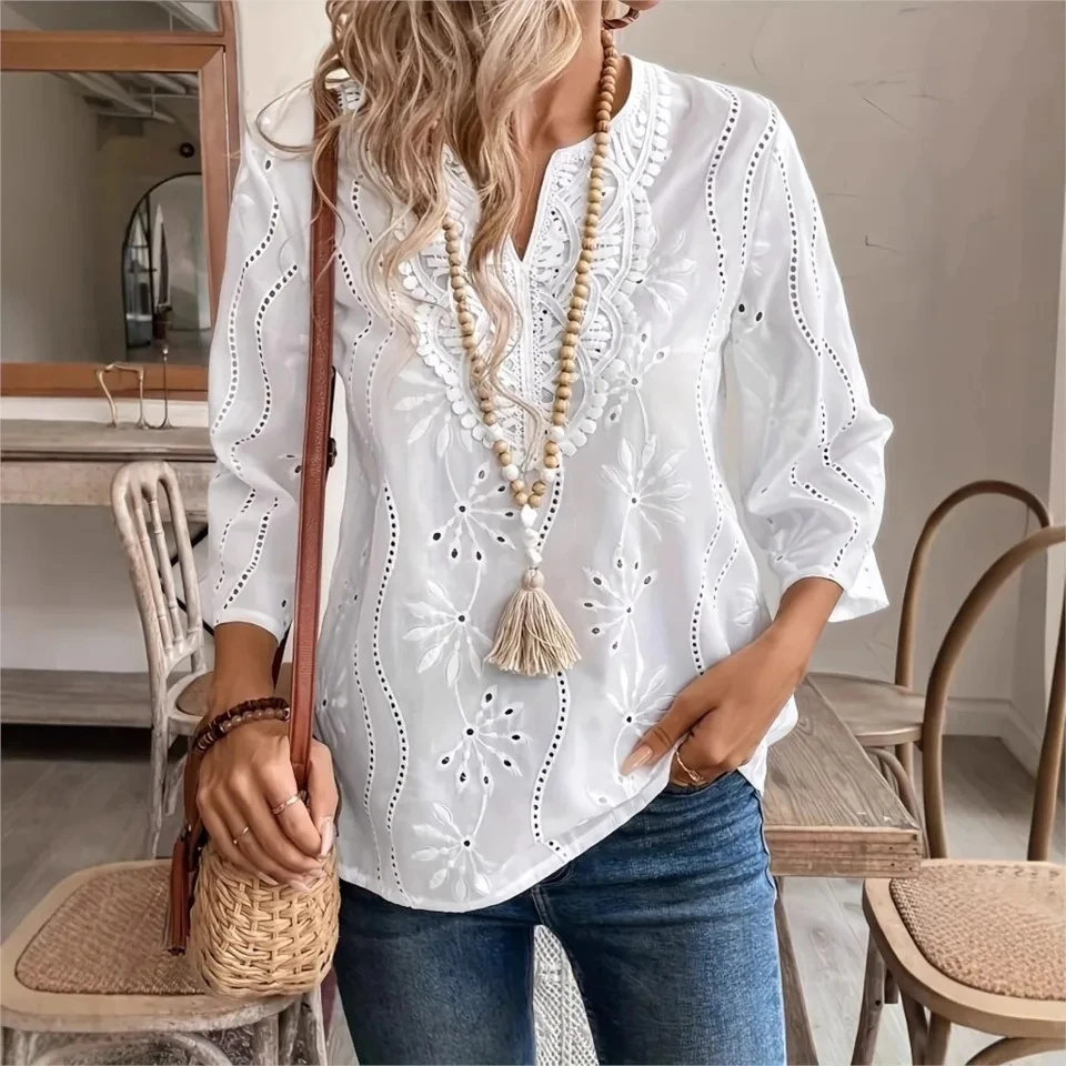

Fashion Hollow Embroidered V-neck Long-sleeved Women's Tops Spring Autumn New Casual Loose White Female Versatile Chiffon Shirt