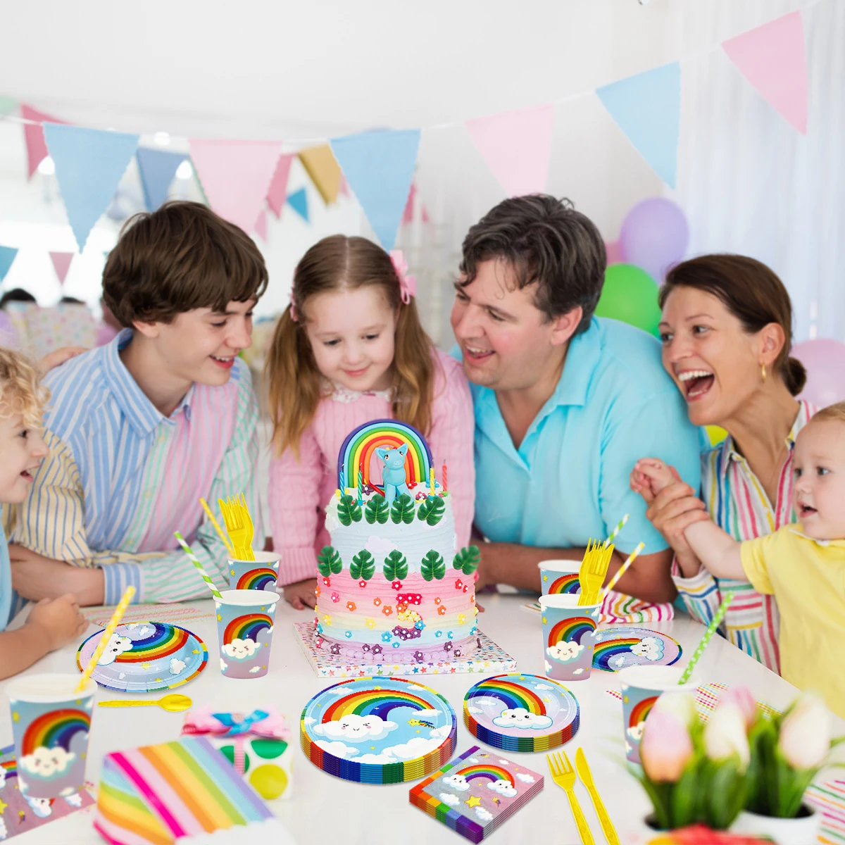 Platos de papel de arcoíris para niño y niña, servilletas desechables con estampado de dibujos animados, suministros para fiestas, cumpleaños y Baby