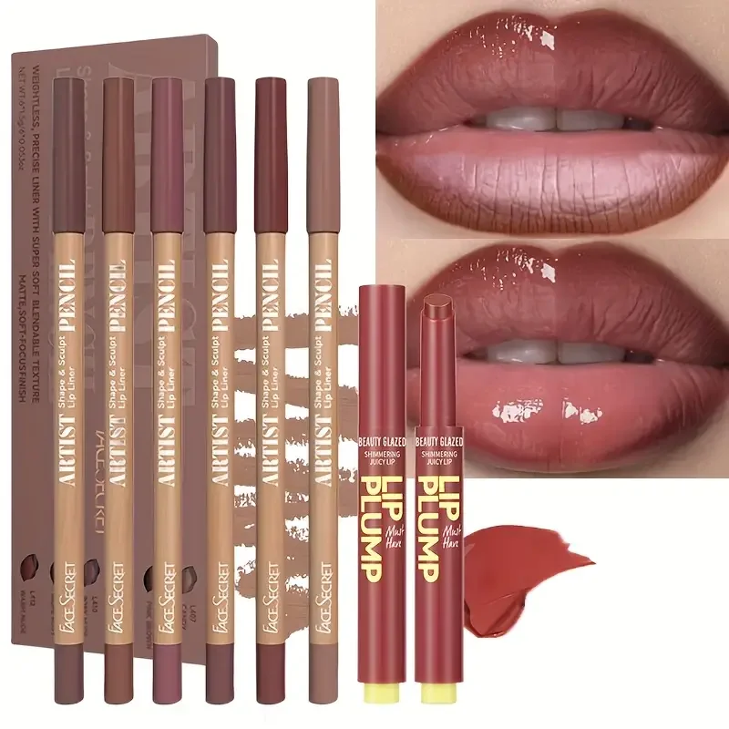 6pcs Dark Brown Lip Liner with 1pc Lip Oil Lipstick Set, Moisturizing Solid Lip Gloss Jelly Lipstick,Makeup Gift Set for Women