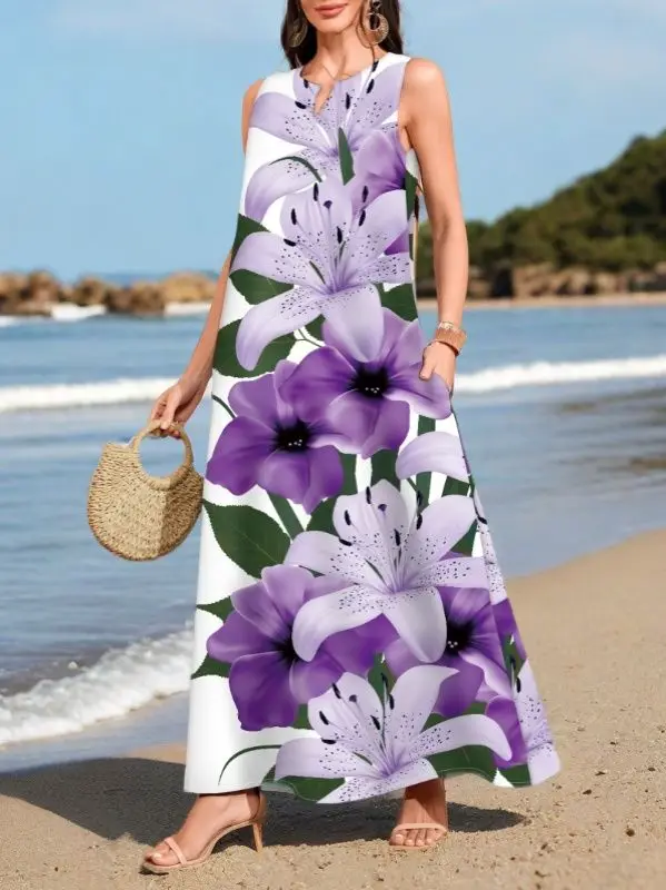 Vibrant Floral Print Pocket Sleeveless Dress Breathable for Spring & Summer - Women's Stylish Clothing for Outdoor Activities