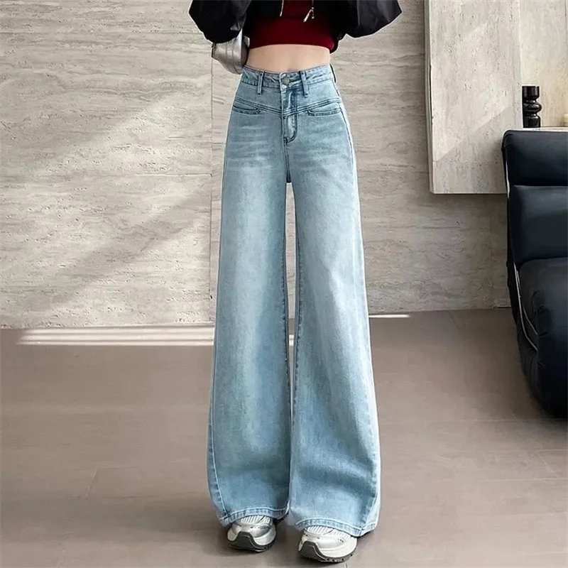 Korean Women Wide Leg Jeans Spring Autumn Female Casual High Waist Denim Pantalons Ladies Fashion Solid Color Cowboy Trousers