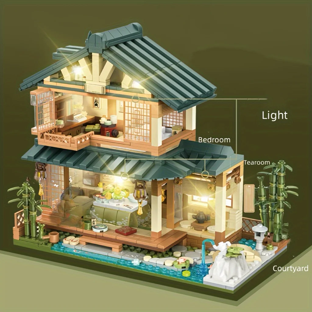 Bloques de Construcción de Arquitectura Japonesa, 1099 Piezas, Modelo de Casa de Madera con Diseño de Oso, Cabaña de Doble Capa con Luz, Regalo Creativo para las Fiestas