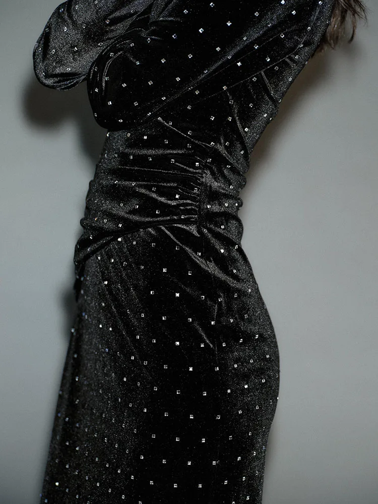 Faionable Sweet iny Bead Decorated Midi Dr New Arrival Winter 2025 Women's Long Sve mid Waist Evening Gown