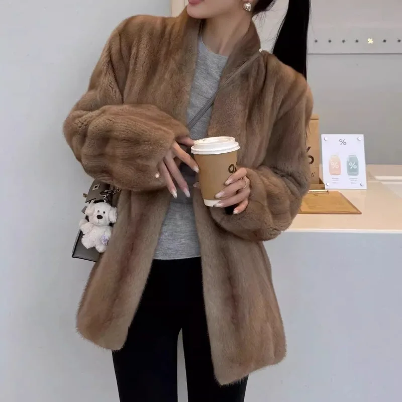 Women Loose Faux Mink Coat V Neck Open Front Long Sleeve Solid Pocket Elegant Thick Warm Jacket Autumn Winter Outerwear