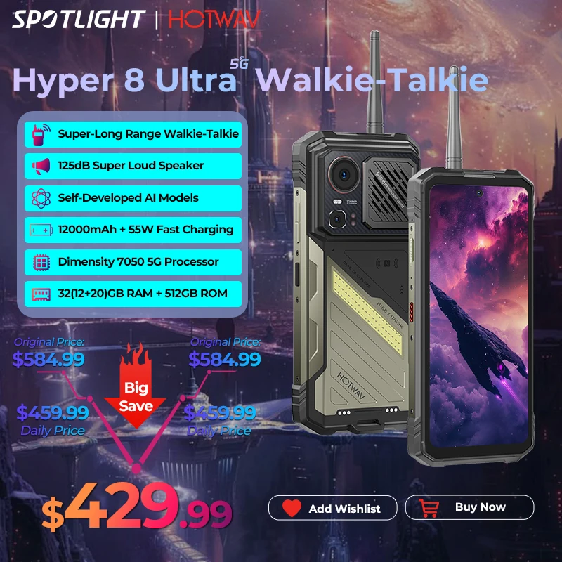 HOTWAV Hyper 8 Ultra Rugged Phone Walkie-Talkie Hi Hoti AI Toolset 125dB Mobile Phone 5G 12000mAh 55W 12GB 512GB 108MP Cellphone