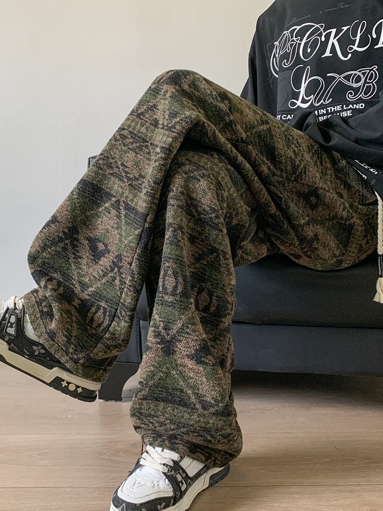 Ethnic style printed pants men's niche design sweatpants American retro casual trousers straight pants spring and autumn