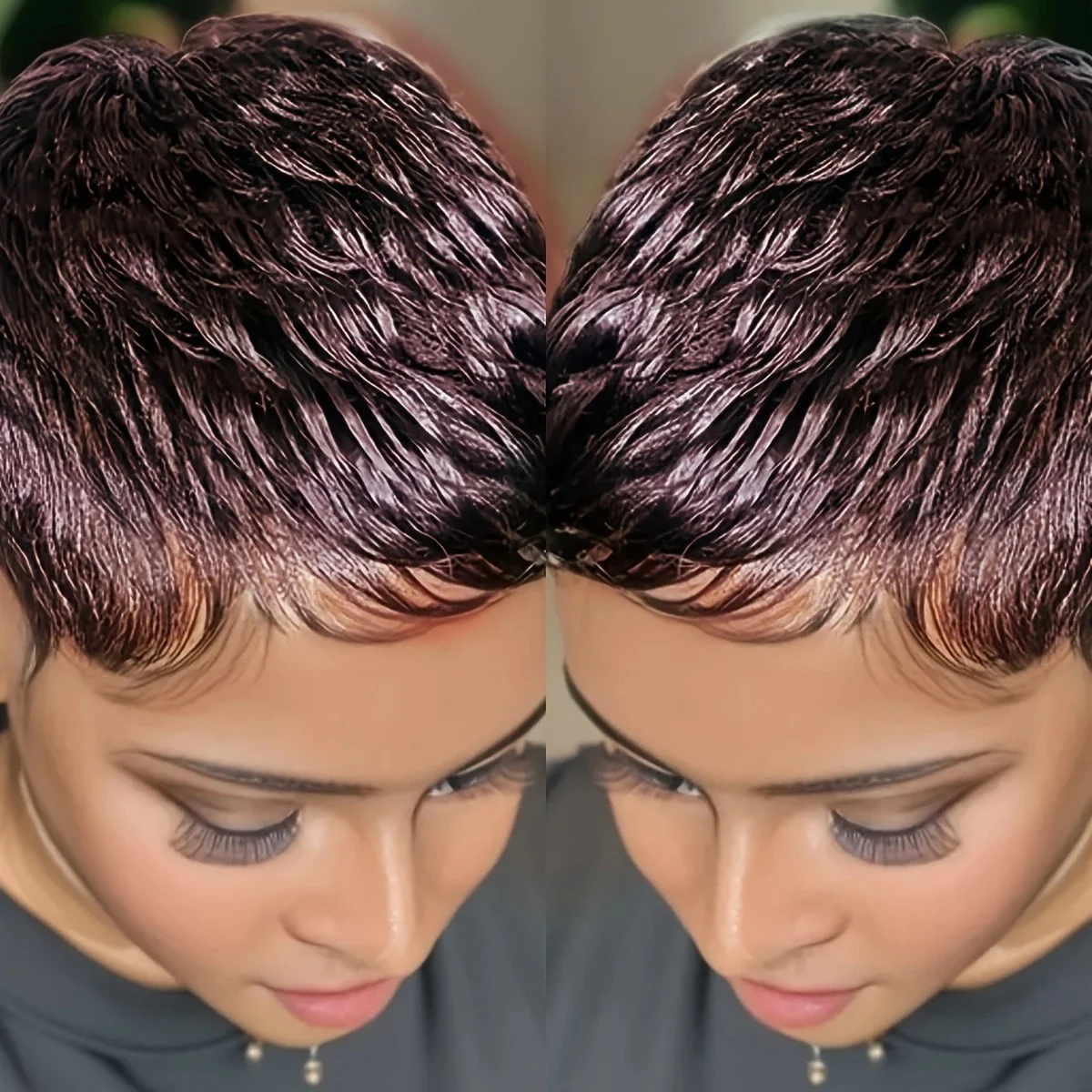 인모 가발 짧은 픽시 컷 가발 인모 자연 색상 갈색 99J 앞머리 가발