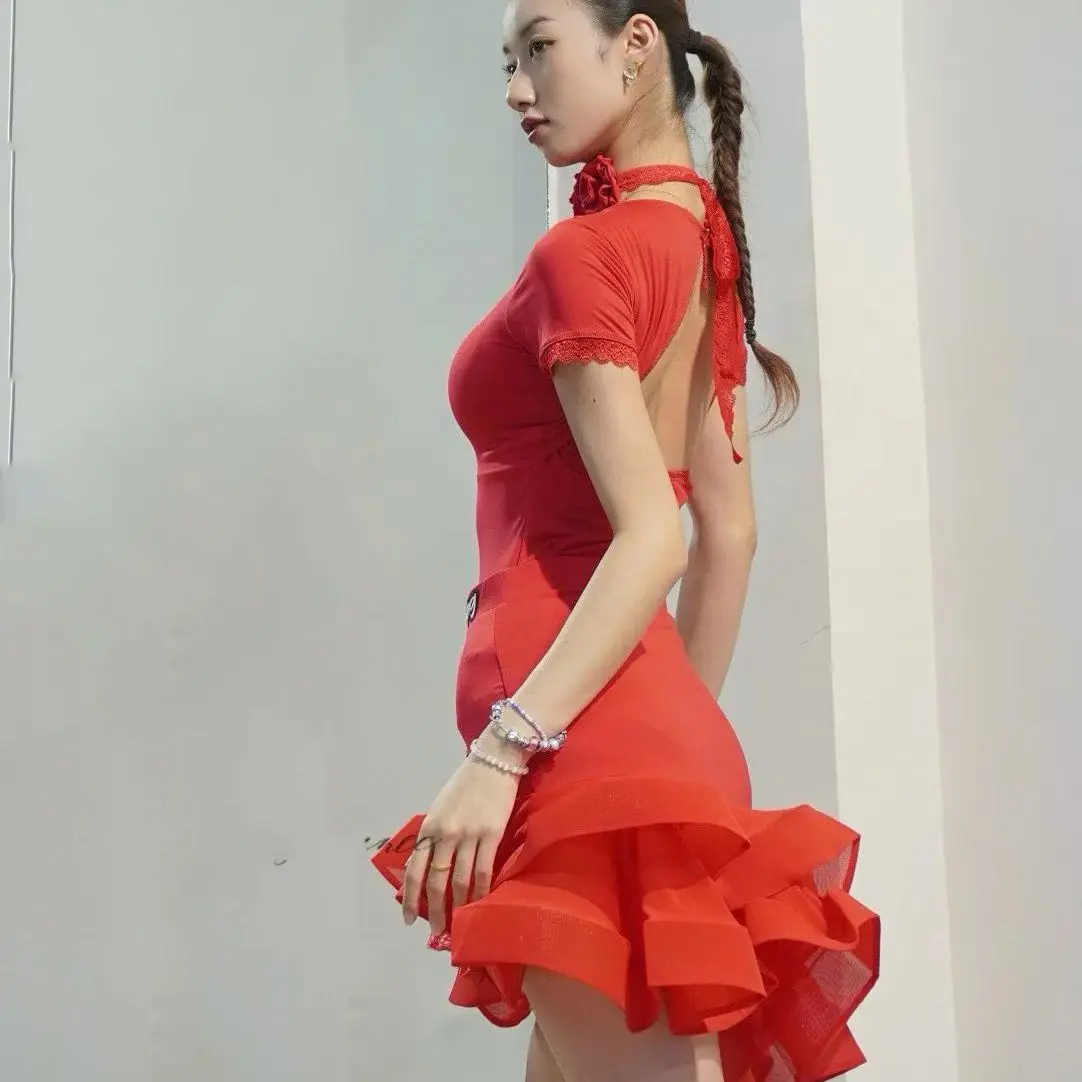 Feminino novo sexy vestido de dança latina trajes de desempenho roupa vermelha com decote em v superior saia espinha de peixe samba dança prática roupas dn22206
