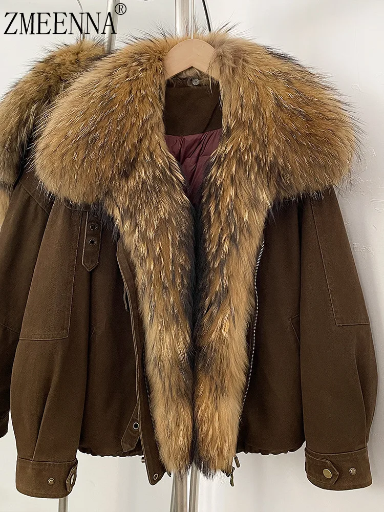 ZMEENNA Womens Short Brown Jacket With Huge Fur Collar Trim Luxurious Warm Winter Coat Loose Fit Casual Outerwear ZM4378
