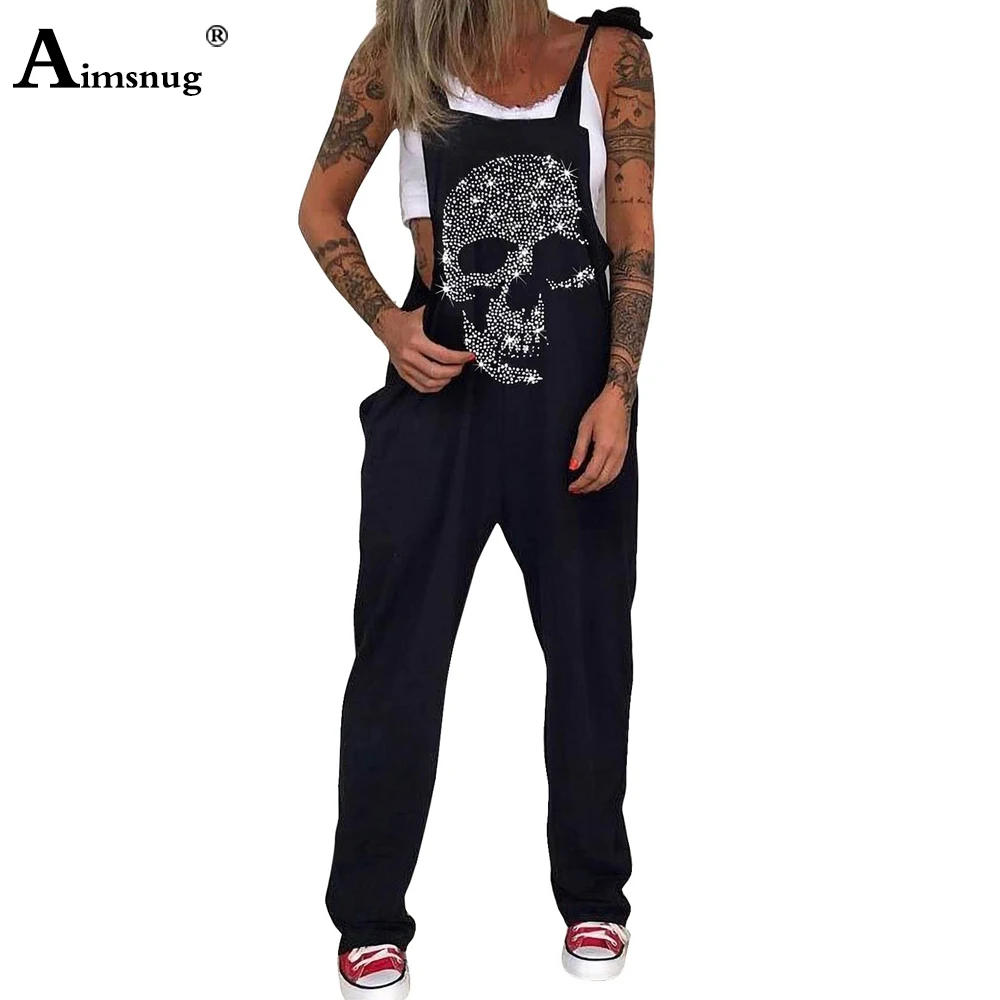 2022 European Style Fashion Gothic Skull Print Jumpsuits Plus Size 5xl Women Spaghetti Strap Trouser Sexy Pocket Design Overalls