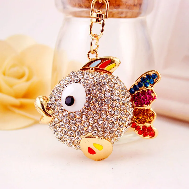 Dalaful Colorful Crystal Tail Fish Goldfish Keychains HandBag llaveros Keyrings Key Chains Purse Bag Pendant For Car Women K252