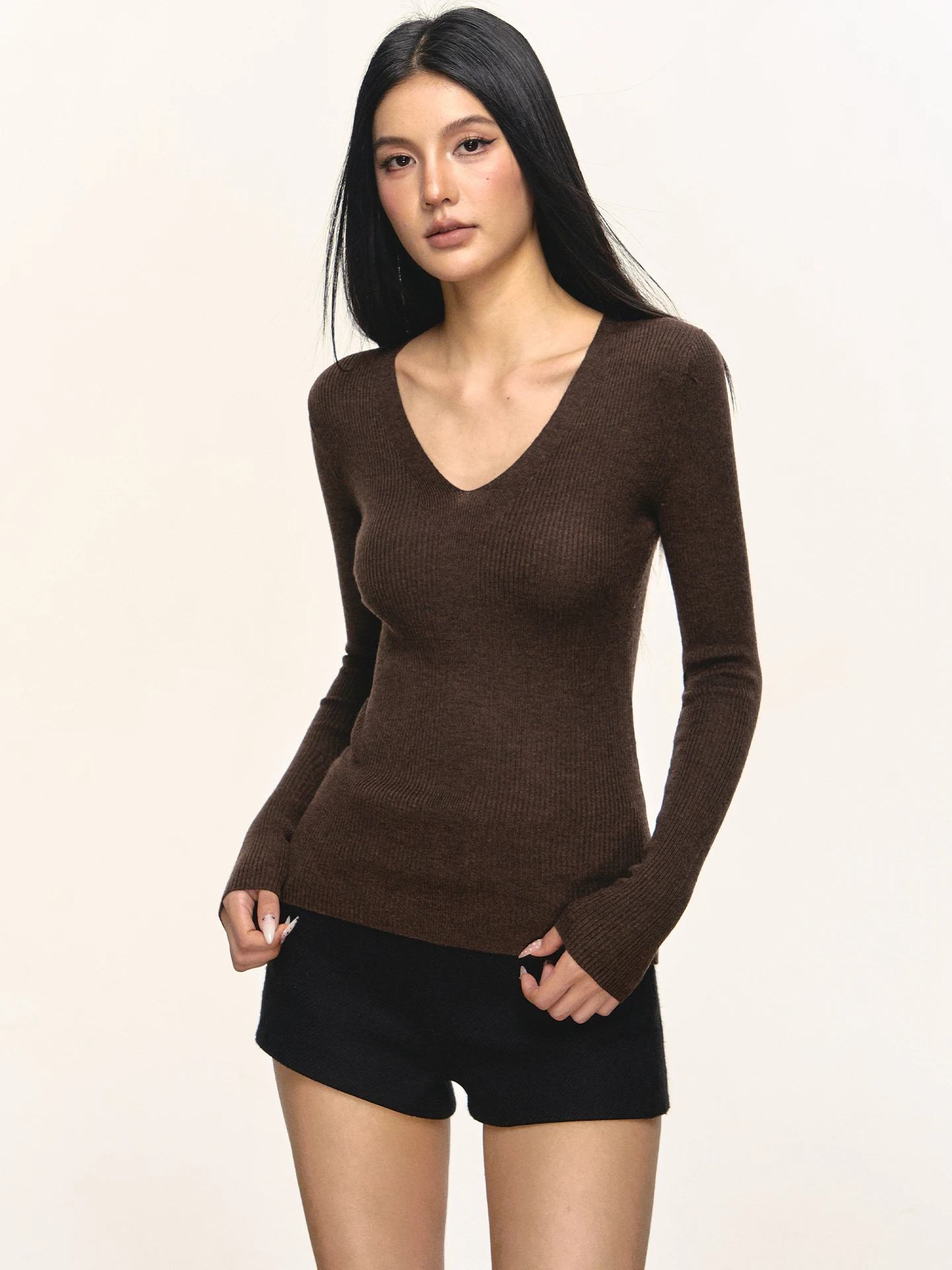 

Женский облегающий вязаный топ Anna Aneae с V-образным вырезом, длинными рукавами, повседневный, весенний, новый, модный, универсальный, для повседневной носки