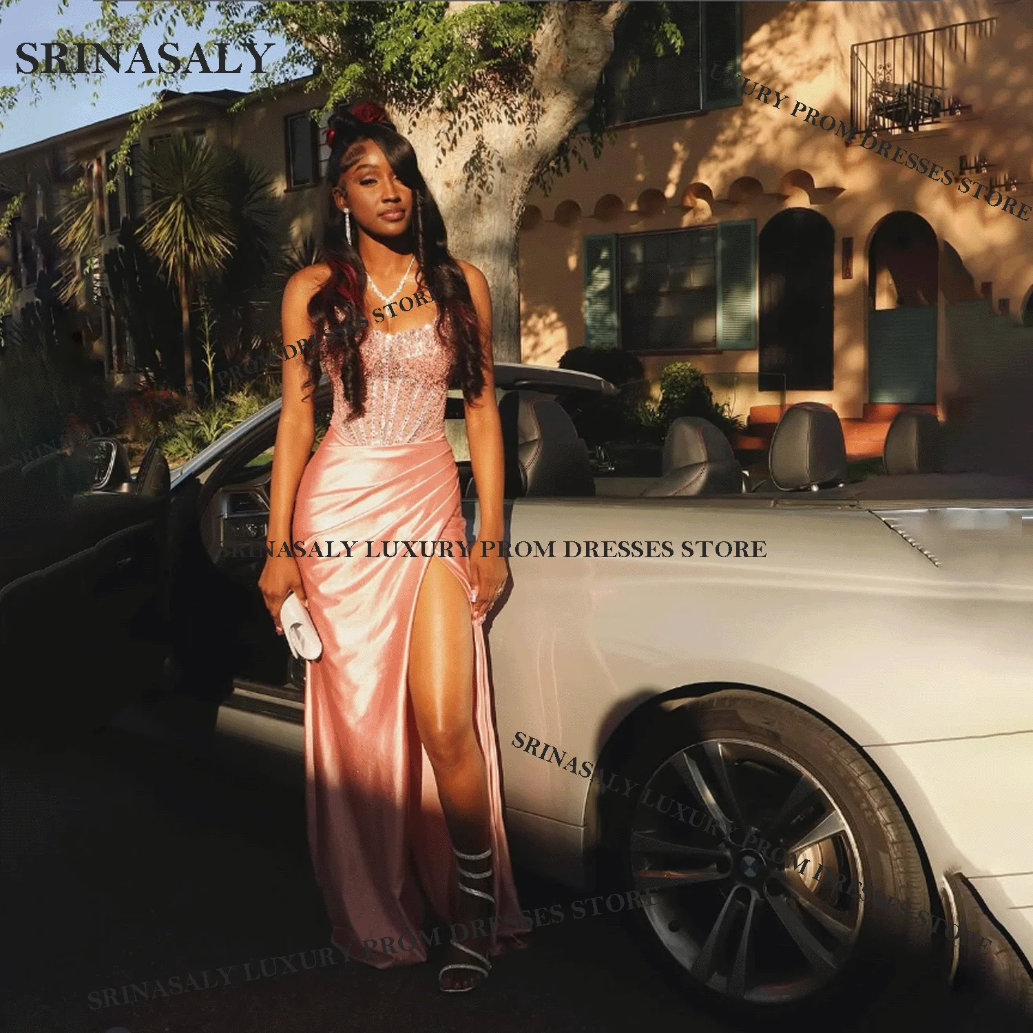 Elegante kanten lange zeemeermin galajurken voor kralen, kristal diamanten kralen, op maat gemaakte luxe 2025, avondjurk met open rug