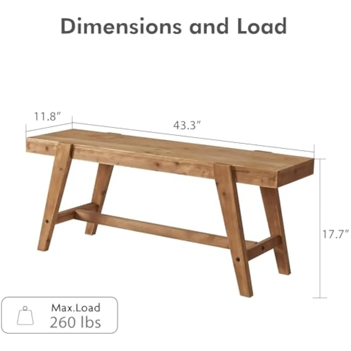Rustic Firwood Bench with Slanted A-Frame Legs – Natural Grain Surface Finish, Compact 11.8x17.7x43.3 Inch Profile, Ideal for En