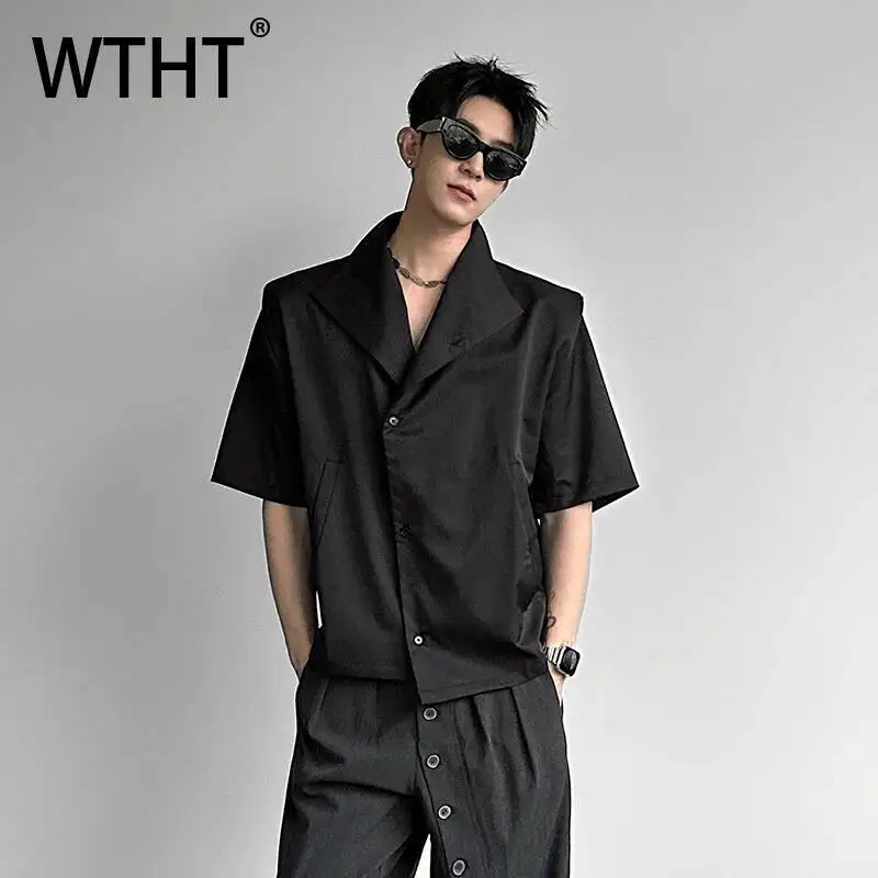 WTHT Fashion Men's Solid Color Big Pockets Design Casual T-shirt Trendy 2026 Summer Short Sleeves Stand Collar Shirt Male 2A3044
