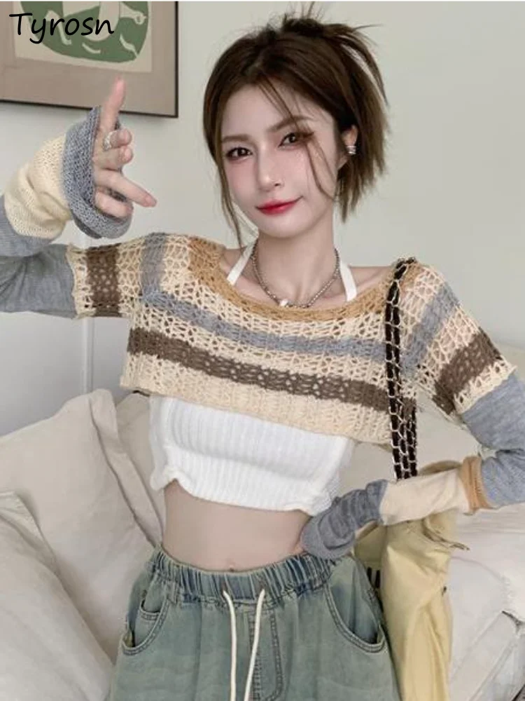 Women Sets Striped Daily Designer Fashion Special Students Hollow Out Pullover Simple Knitting Korean Style Slim Camis Spring