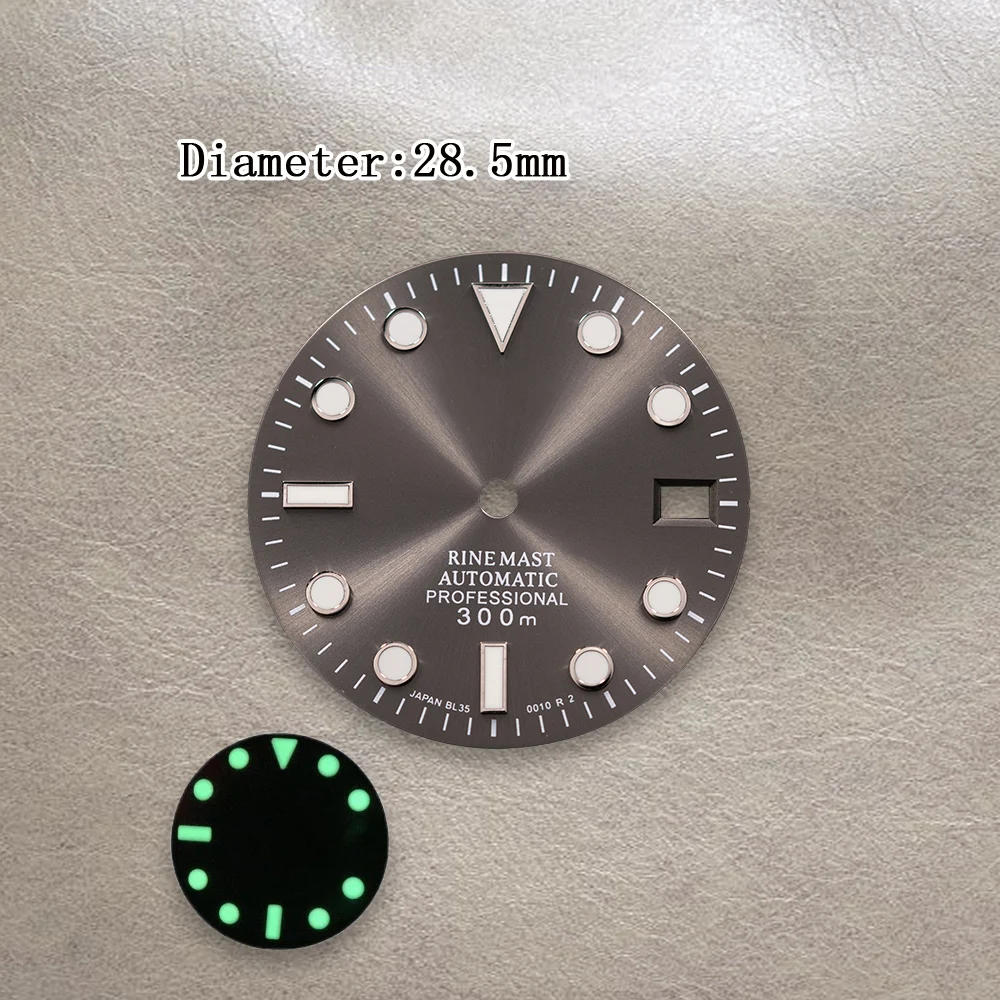 28.5mm S Logo SUB Sunray Dial NH35 Dial Fit NH36/4R/7S Movement Green Luminous  High Quality Watch Modification Accessories