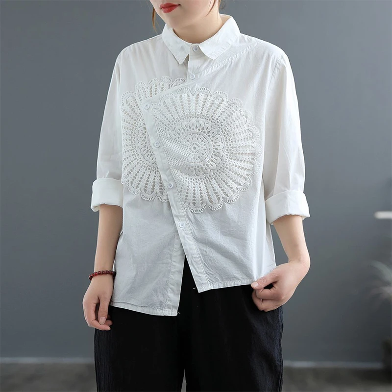 2022 Spring New Arts Style Women Long Sleeve Loose Shirt Dissymmetry Single-breasted Vintage Embroidery Cotton Linen Shirts V864