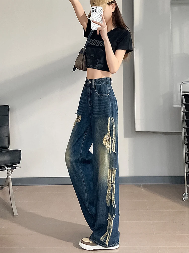 Y2k Baggy Ripped Jeans Frauen Low Rise Gyaru breite Jeans hose Daddies Streetwear Grunge Hippie koreanische Mode Hose