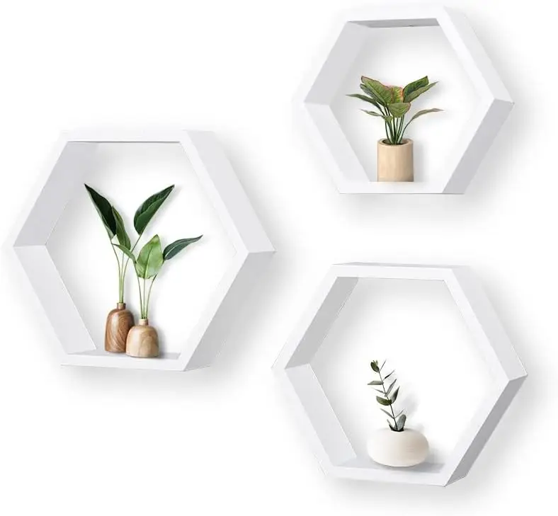 

3-Piece White Wood Hexagon Wall Shelves - Farmhouse Honeycomb Design for Living Room & Kitchen Storage