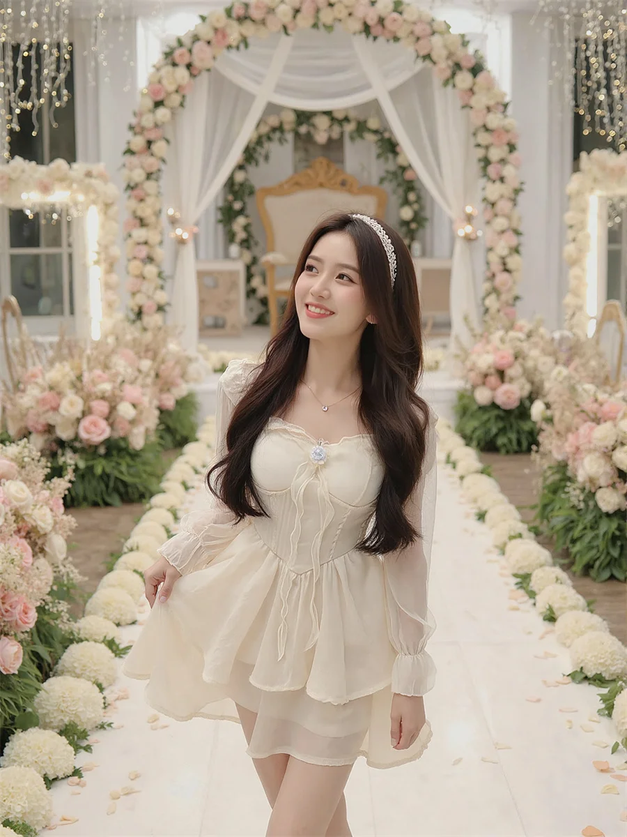 여성용 흰색 드레스 A라인 리본 단색 봄 플레어 소매 브이넥 루즈핏 오버사이즈 반오픈 터틀넥 프린트 실키