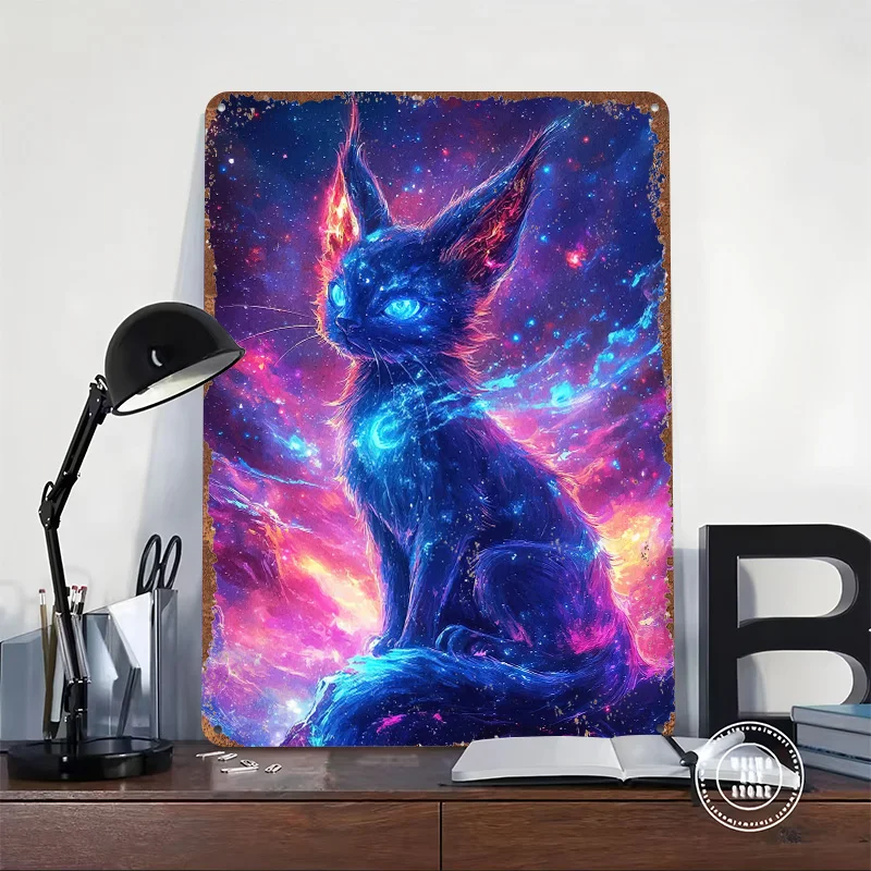 Cosmic Cat Nebula Metal Poster Customized Wall Art Retro Vintage Tinplate Signs for Luxury Home Decor Items Mancave Decoration
