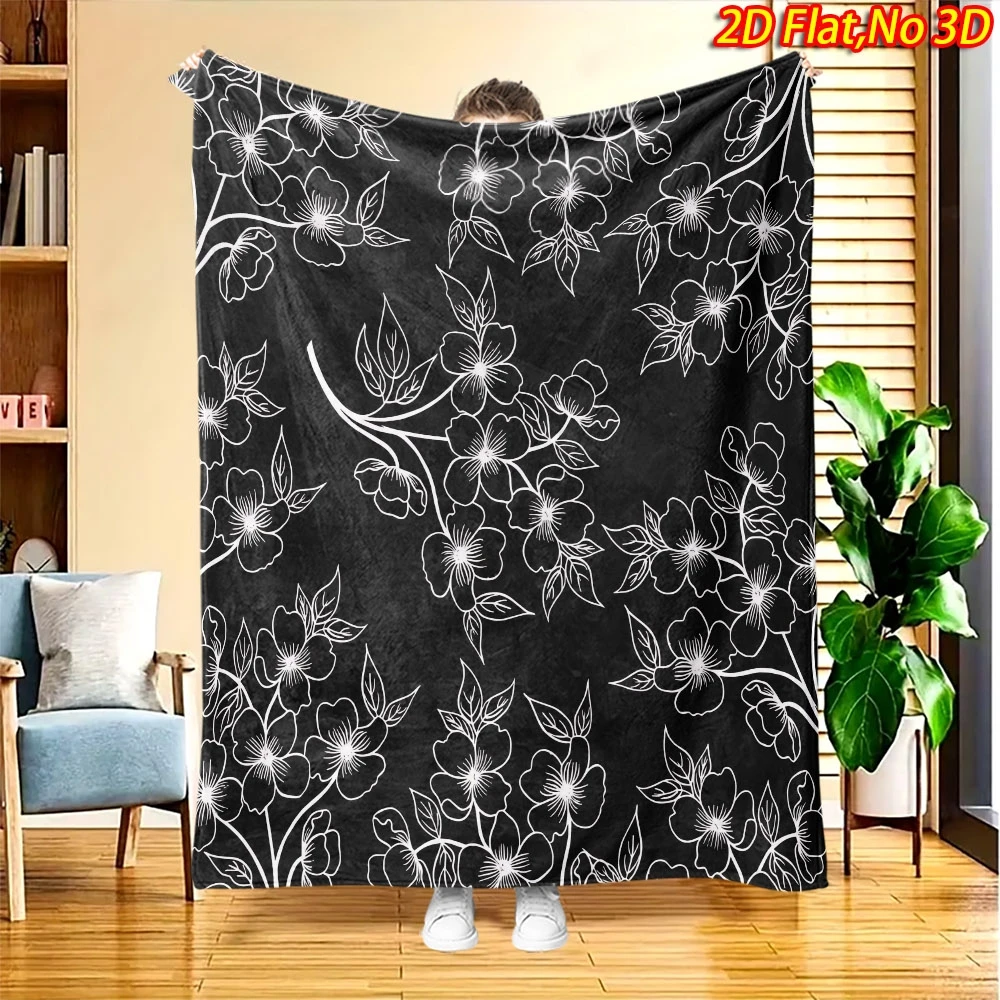 Elegant Sketch Leaf Motif Fleece Look Bed Throw Retro Looking Decor Blanket For Restaurant Boutique Dance Studio