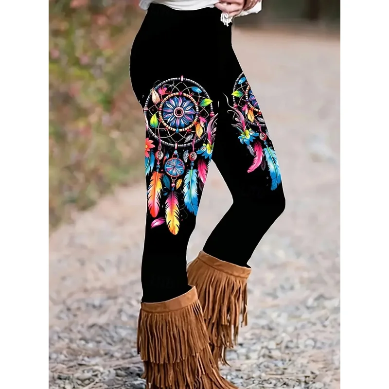 Celana wanita legging nyaman gaya bohemian etnik kasual dengan pinggang elastis motif bulu bernapas nyaman untuk gaya jalanan.