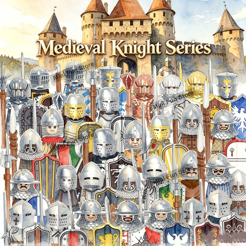 Medieval Castle Knight Soldier Figures Building Blocks Military Gothic Archer Militia Helmet Shield Armor Sword Spear Bricks Toy