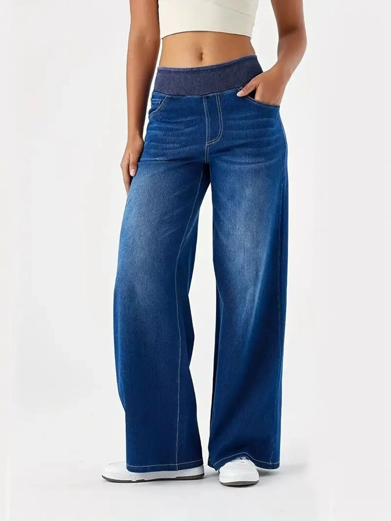 

European and American trend women's loose wide-leg jeans women's high-waisted retro elastic waist straight mopping pants