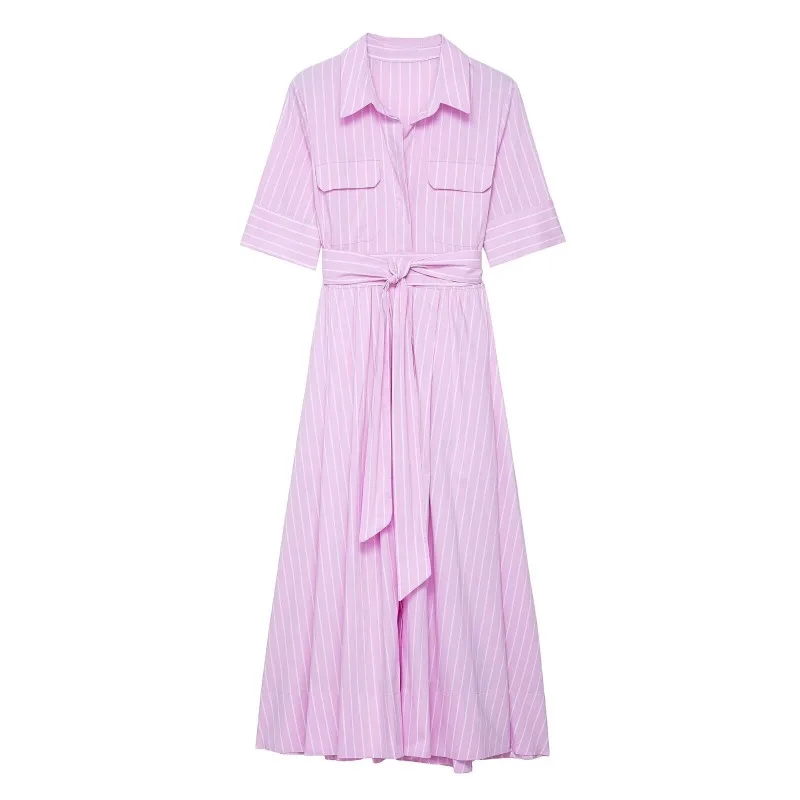 2025 여름 신상 여성 패션 팝린 셔츠 스타일 벨트 롱 원피스, 여성용 패션 반팔 캐주얼 드레스