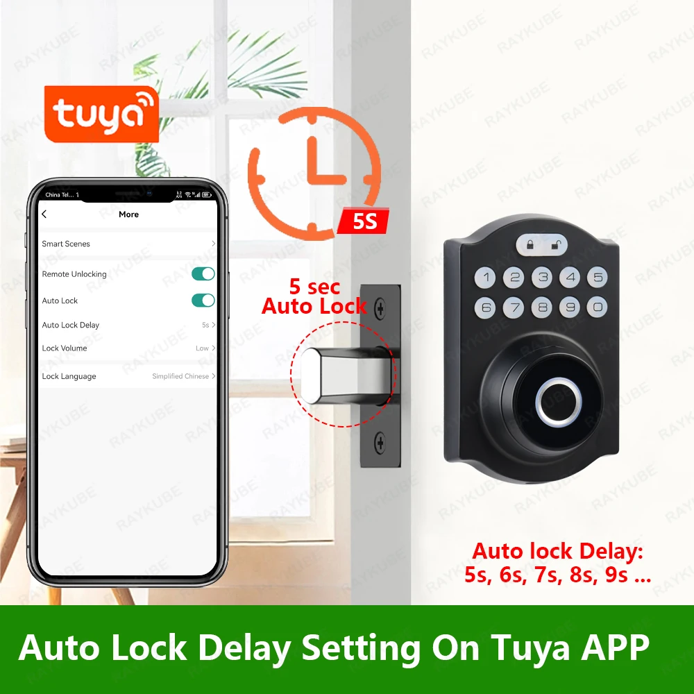 RAYKUBE-Tuya BLE Fingerprint Deadbolt Lock, Bloqueio Digital Inteligente, Bloqueio automático, Atraso de senha, Chave, APP desbloqueio remoto, 904F,