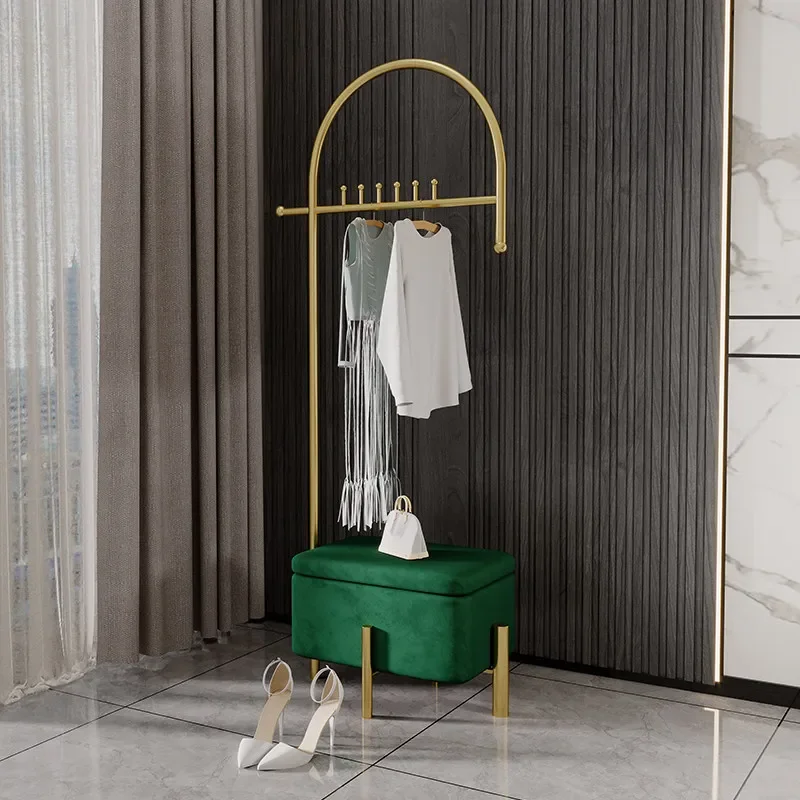 Metal room drying rack floor-to-ceiling bedroom vertical coat rack storage shoe changing stool integrated hanger