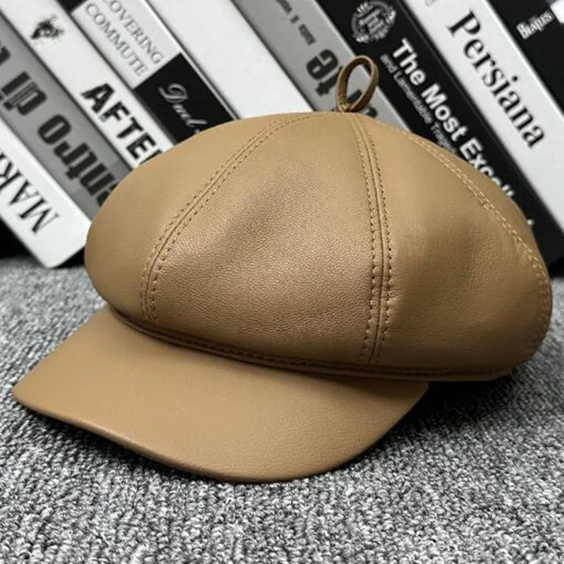 Autumn Winter Warm Sheepskin Leather Newsboy Caps For Men And Women Genuine Leather Hat Elegant Lady Fashion Trend Cap Unisex