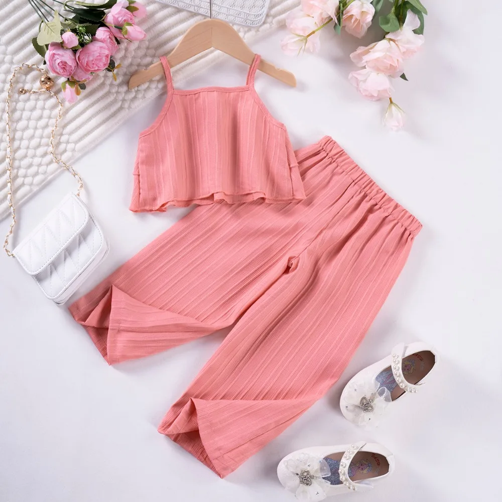 2pcs Toddler Girl Summer New Solid Colour Suit Casual Sleeveless Ruffle Top + Wide Leg Trousers Suit Children\'s Trend Clothing