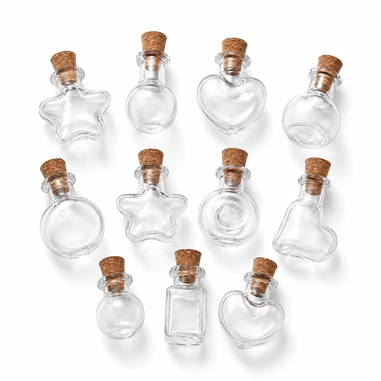 10 Stück Kleine Klare Glas-Wunschfläschchen mit Holzverschlüssen, Gemischte Formen, Mikrobehälter für Schmuckdekoration und Präsentation – Detail 6