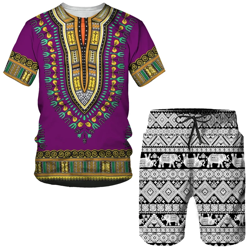 Men\'s African 3D Print Set Summer Casual Dashiki Suits Outfits Vintage Style T Shirts +Shorts Traditional Wear Male Tracksuit