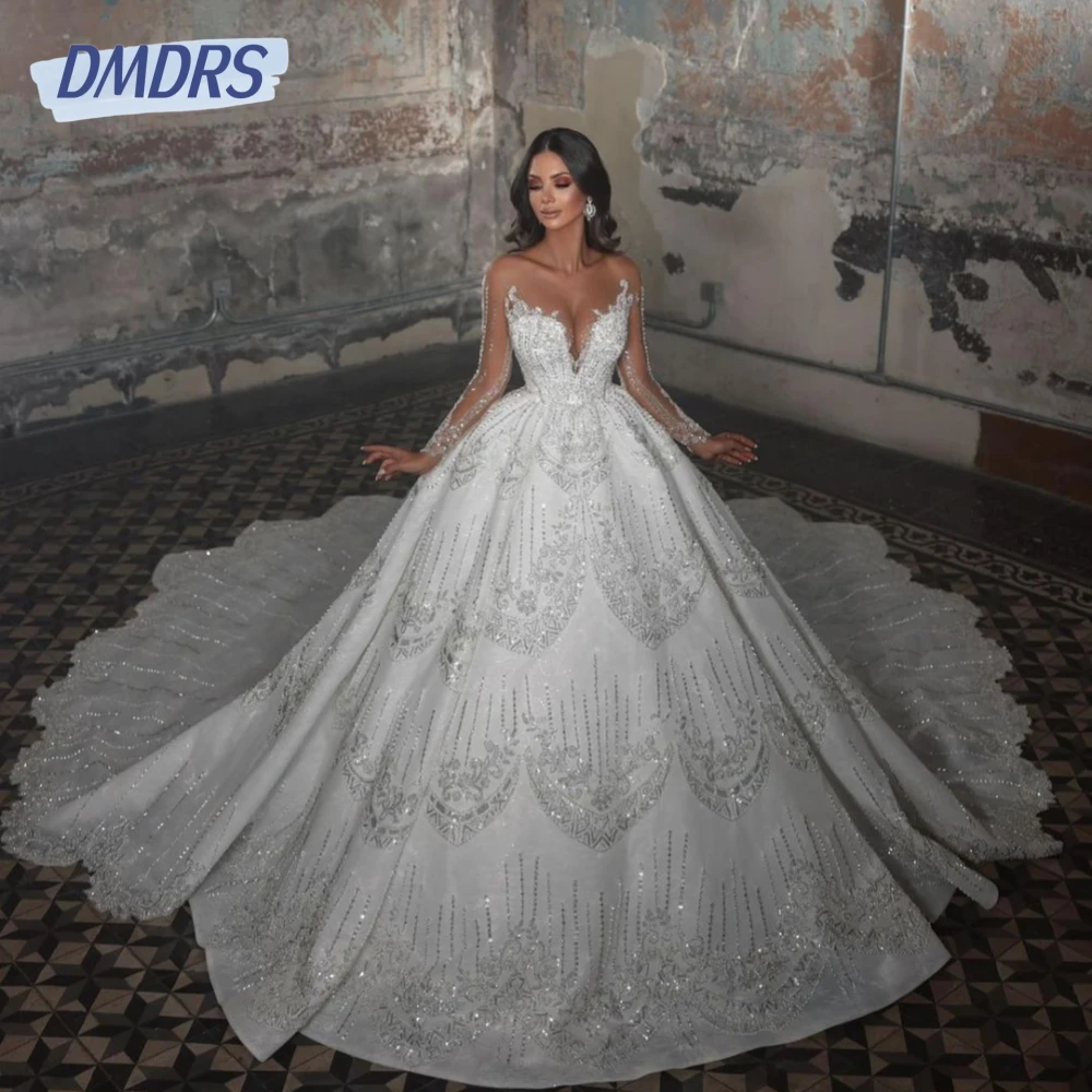 

Chic Women V-neck Wedding Dress Exquisite Beaded Illusion Sleeves Shiny Princess Custom Made Bridal Gown Vestido De Novia