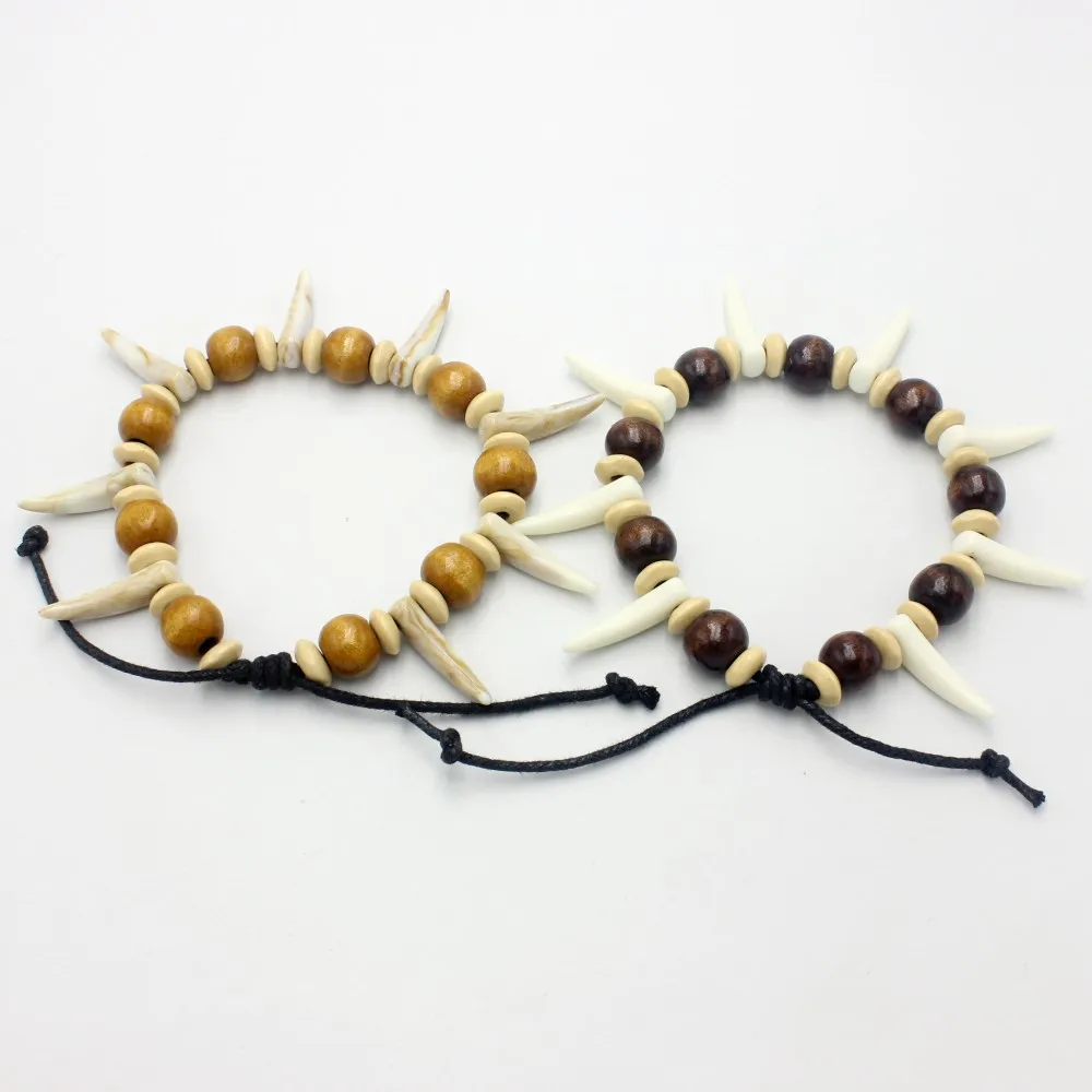 Tribal Imitation Wolf Teeth Beaded Bracelet Adjustable Acrylic Ivory Beaded Bracelet Holiday Dress Up Party Jewelry Gifts